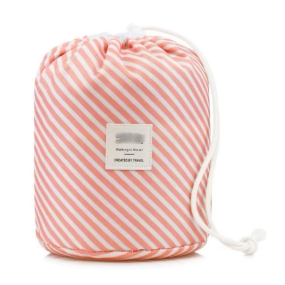 Pink striped two piece travel cosmetic bag